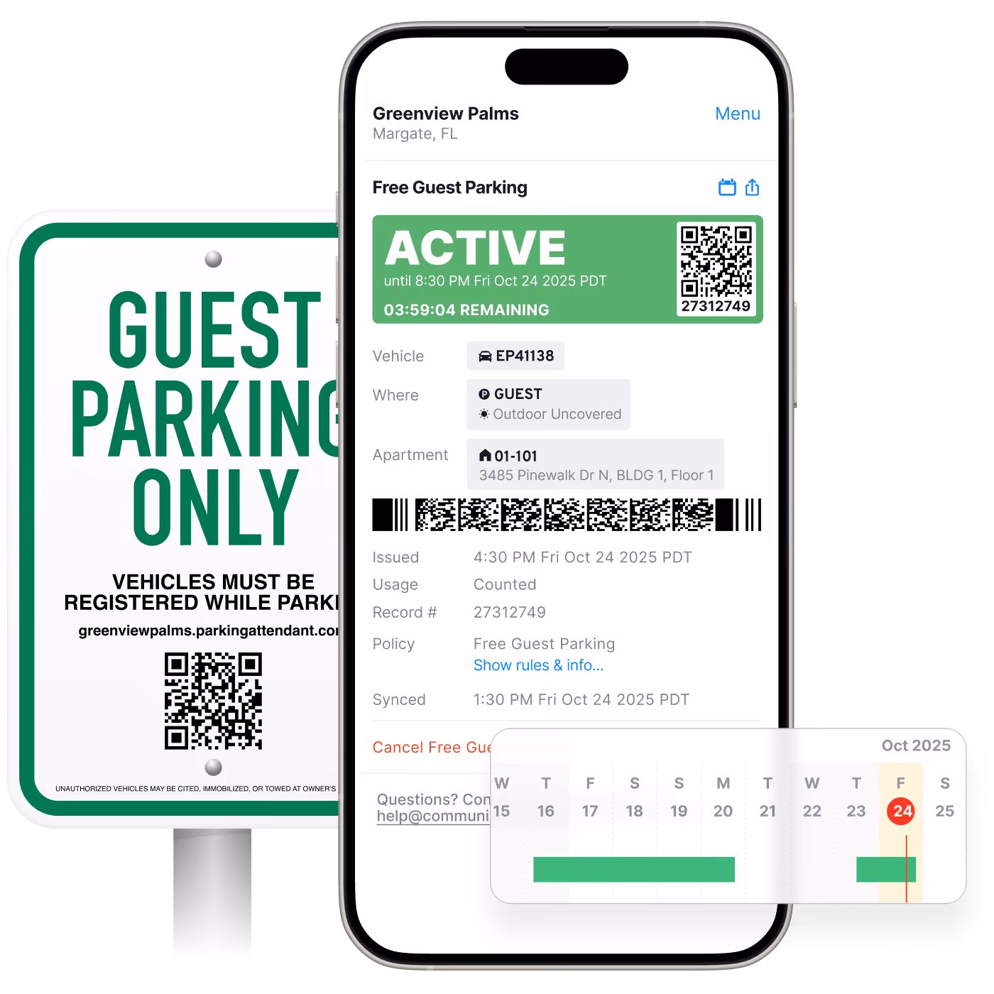 Green and white guest parking only sign with QR code stating vehicles must be registered while parking. Next to it, a smartphone screen shows an active free guest parking pass for Greenview Palms in Margate, FL, with details including vehicle number EP41138, location Outdoor Uncovered, apartment 01-101, issuance time, usage status, and a QR code. A calendar snippet highlights the date Friday, October 24, 2025.