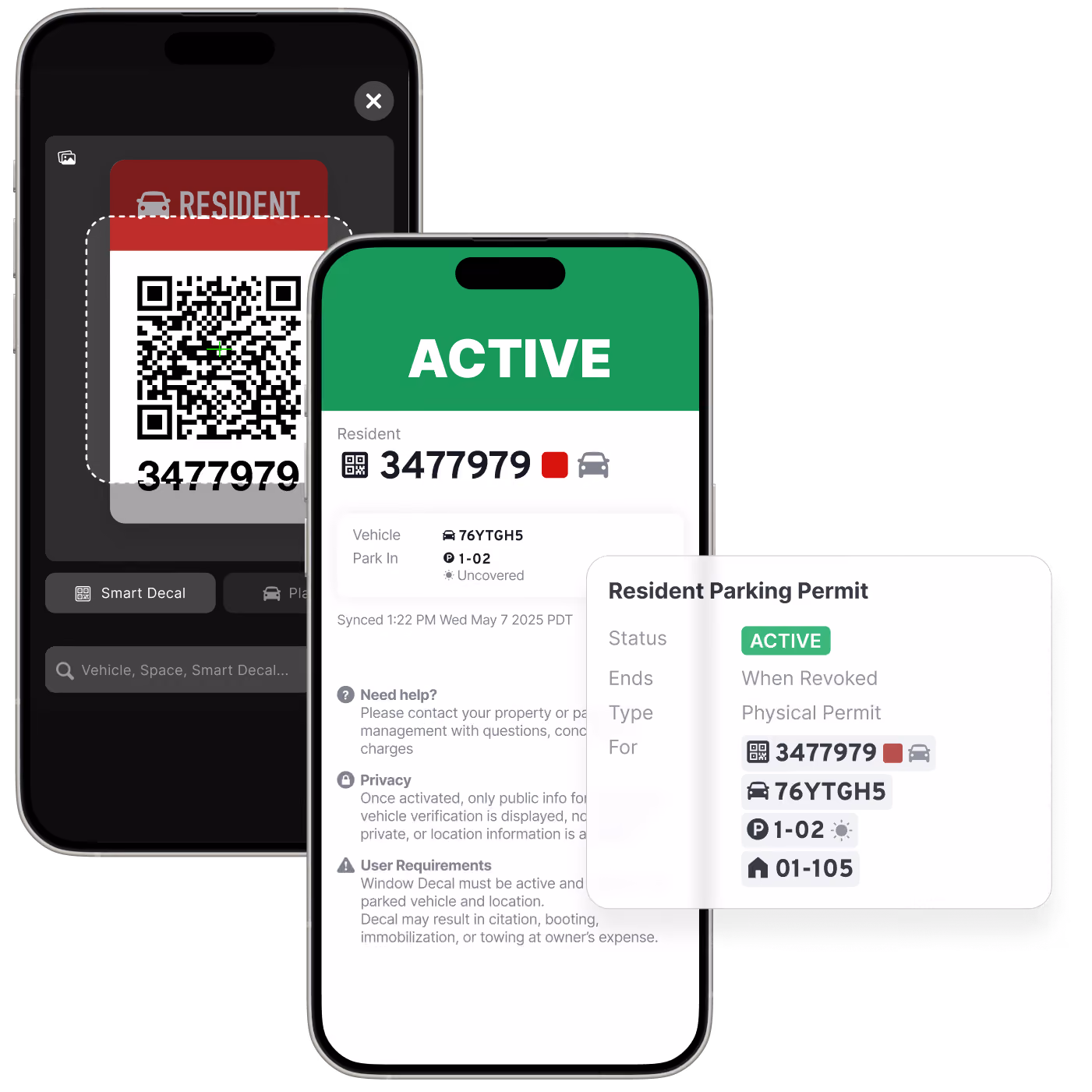 Two smartphones displaying a digital resident parking permit app and information. The left phone shows a red resident decal with a QR code and permit number 3477979. The foreground phone screen is green and shows 'ACTIVE' status, permit number 3477979, vehicle license 76YTGH5, parking location 1-02 uncovered, and details about permit synchronization, user privacy, and requirements. A pop-out box summarizes permit details: status ACTIVE, ends when revoked, physical permit type, permit number, vehicle, parking space, and unit number 01-105.
