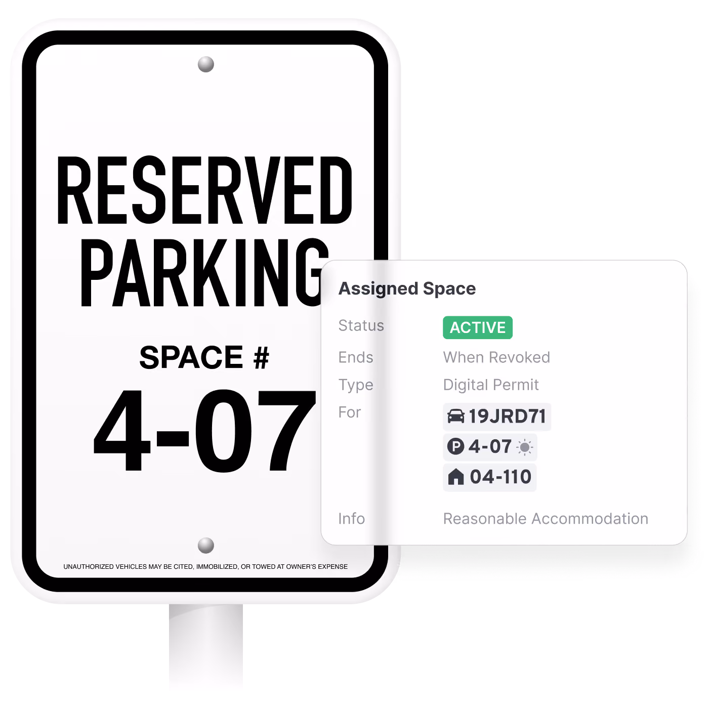 A reserved parking sign marked SPACE # 4-07 with a note that unauthorized vehicles may be cited, immobilized, or towed at owner's expense. Next to it is a digital permit display showing an assigned space with status ACTIVE, permit type Digital Permit, vehicle ID 19JRD71, parking space 4-07, and unit 04-110, indicating reasonable accommodation.