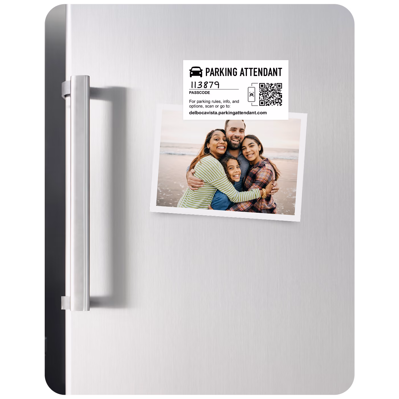 Silver refrigerator door with a metal handle, holding a family photo of four smiling people hugging at a beach and a Parking Attendant passcode magnet above it.