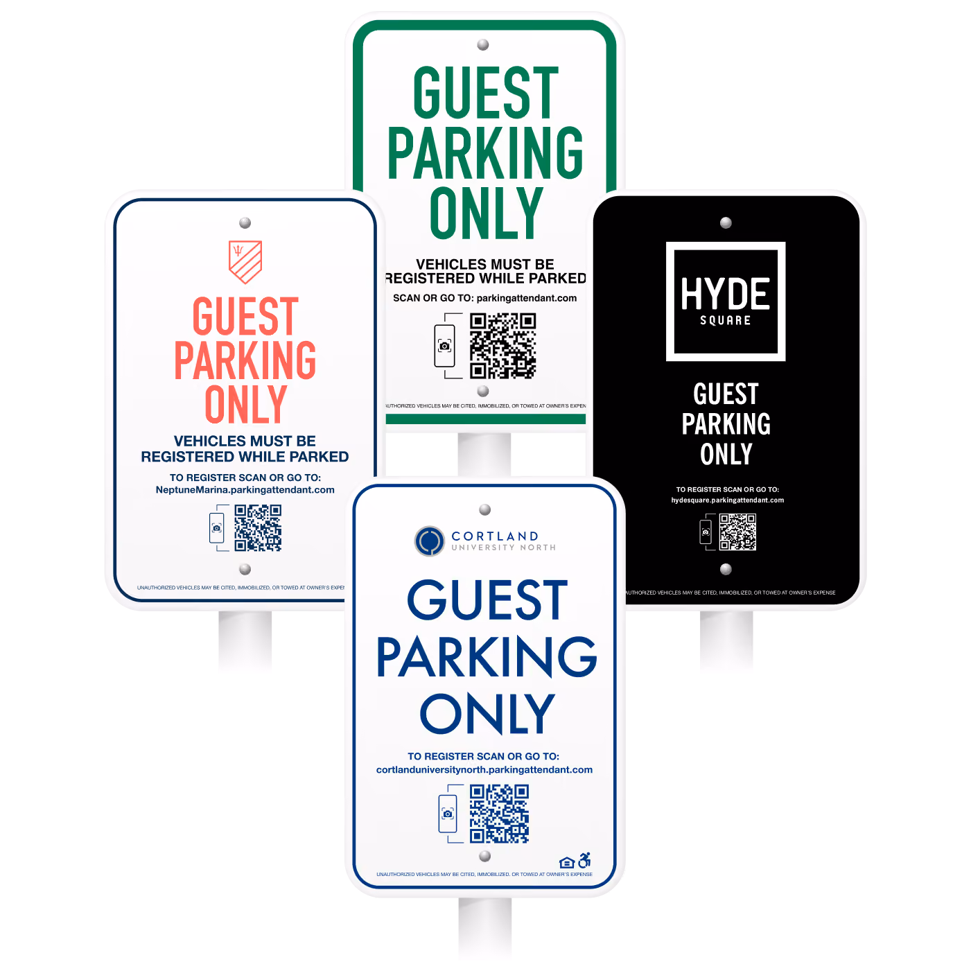 Four guest parking signs with different designs and colors, each stating "Guest Parking Only" and instructions to register by scanning a QR code or visiting a website specific to each location.