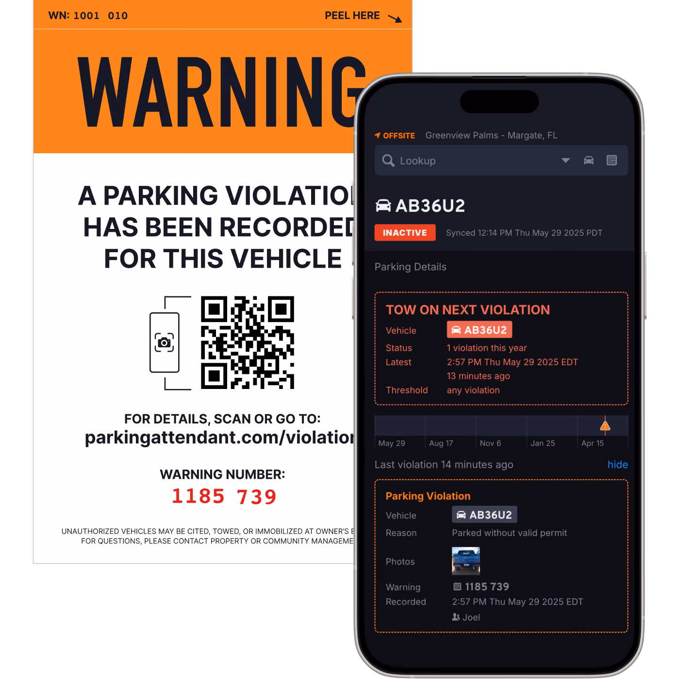 A warning parking violation notice with a large orange header and black text stating a violation has been recorded for the vehicle, including a QR code and website for details, warning number 1185739. Next to it is a smartphone screen showing a parking violation app with details for vehicle AB36U2, marked inactive, noting one violation this year with tow on next violation, reason 'Parked without valid permit,' warning number 1185739, timestamp May 29, 2025, and a small photo of the vehicle.