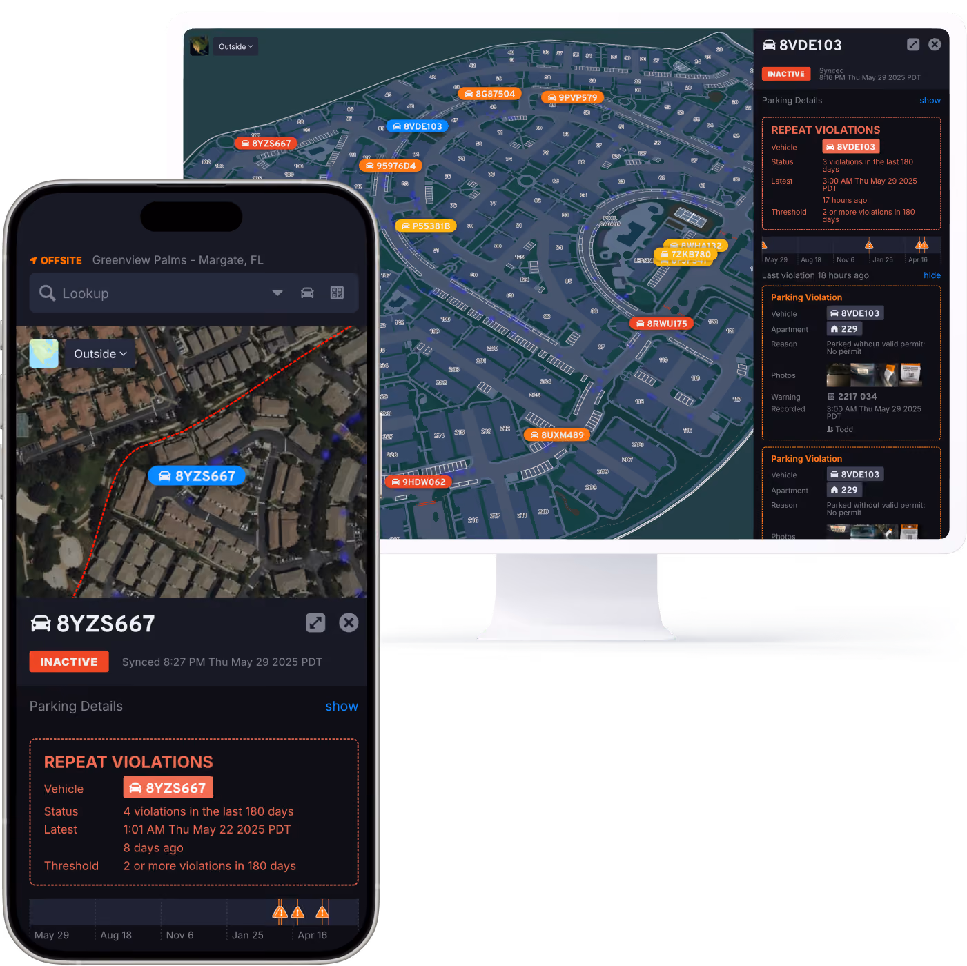 User interface showing a parking violation monitoring system with a map of an apartment complex on a desktop and mobile screen. The desktop screen shows multiple vehicle markers in red, yellow, and blue with a sidebar listing repeat parking violations for a blue-labeled vehicle 8VDE103, including timestamps, violation details, and photos. The mobile screen zooms in on vehicle 8YZS667 marked in blue, showing 4 repeat violations within 180 days and recent activity status.
