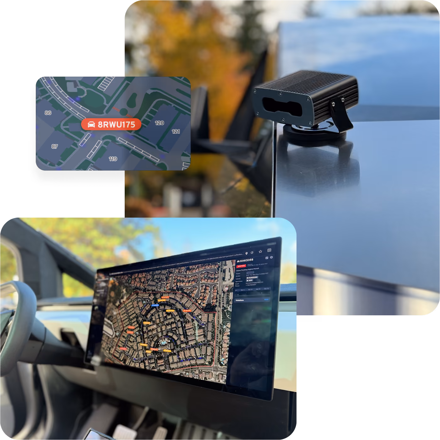 A vehicle-mounted black license plate recognition camera on a car roof, an inset showing a digital map with a highlighted license plate number 8RWU175, and a car interior dashboard screen displaying a detailed aerial map with marked vehicle locations in a neighborhood.