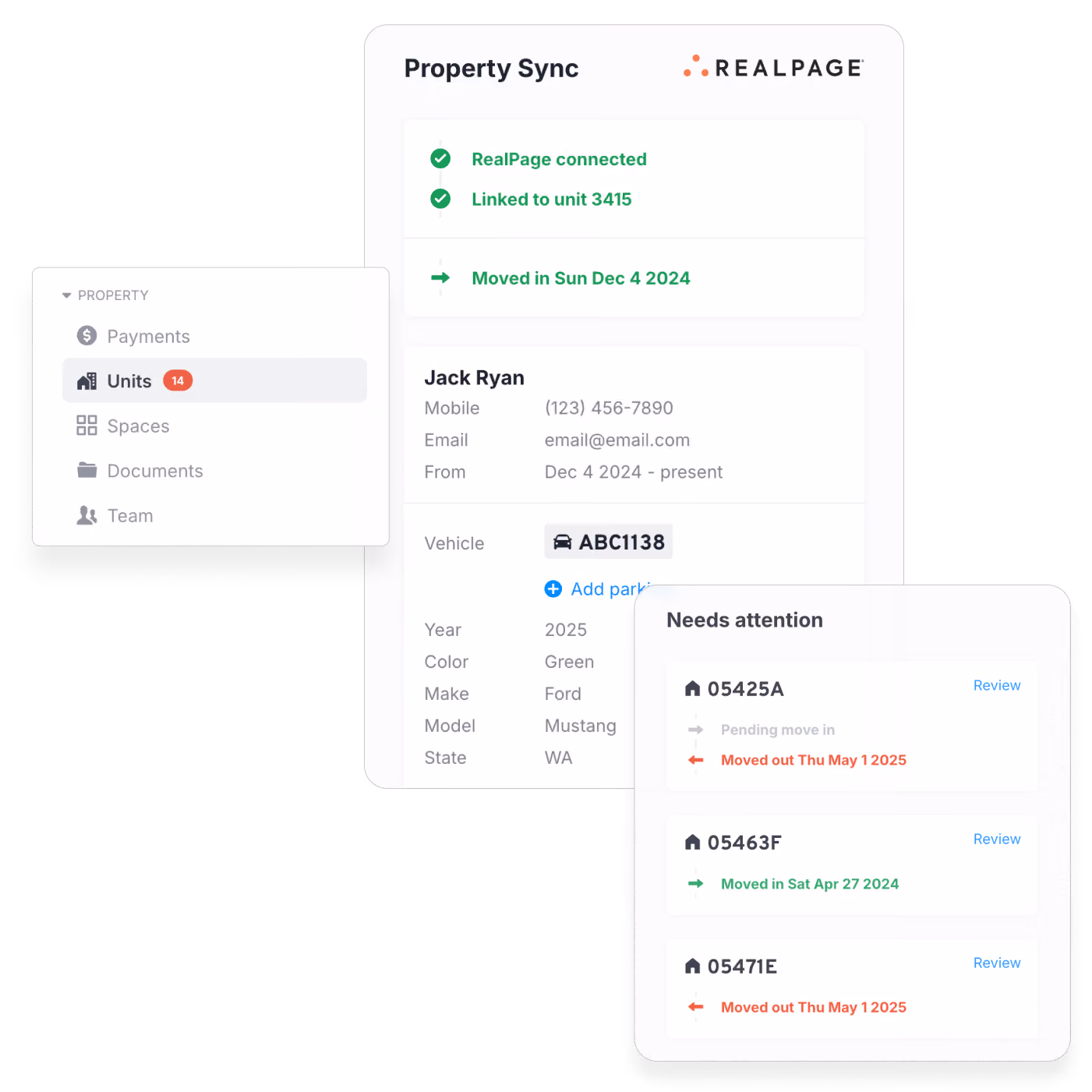 User interface of a property management software showing 'Property Sync' with RealPage connected, unit 3415 linked, and move-in date Dec 4, 2024. Details for Jack Ryan include phone, email, vehicle (Ford Mustang, green, 2025, WA, license ABC1138), with an option to add parking. A sidebar menu lists Payments, Units (14), Spaces, Documents, and Team. A âNeeds attentionâ section lists units 05425A and 05471E moved out on May 1, 2025, and unit 05463F moved in Apr 27, 2024, with review links.