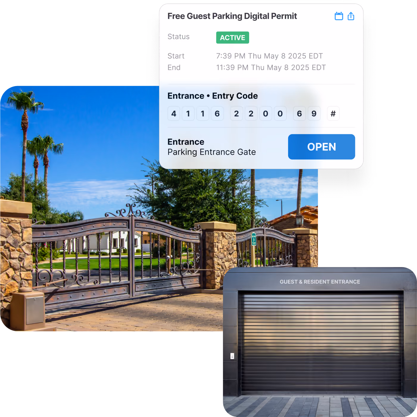 Digital permit interface showing an active free guest parking permit with entry code 4116220069 and an open button overlaid on images of two gated parking entrances: an ornate iron gate with stone pillars and a closed garage door labeled 'Guest & Resident Entrance.'