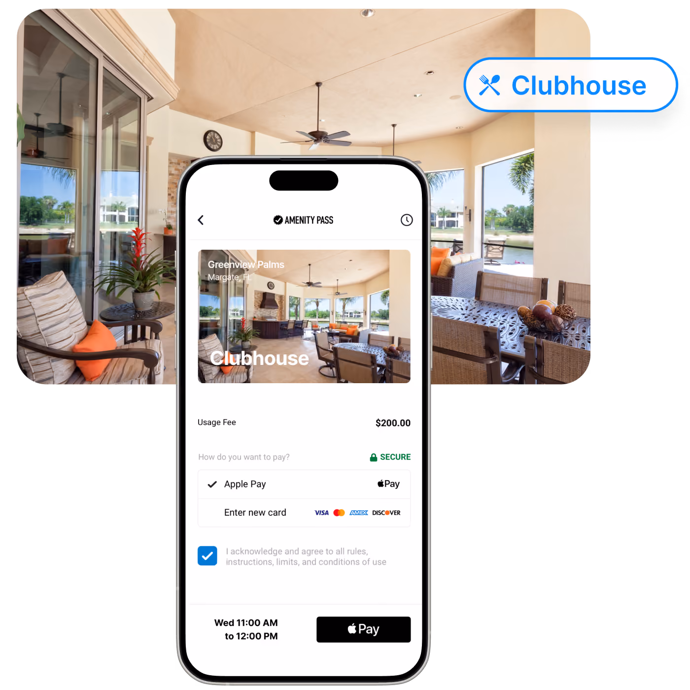 Smartphone screen showing an Amenity Pass payment for Clubhouse rental at Greenview Palms, Margate, FL, with a $200 fee payable by Apple Pay or credit card, and rental time from 11:00 AM to 12:00 PM. The image shows a spacious, well-lit clubhouse interior with comfortable seating and a dining area overlooking water and palm trees.