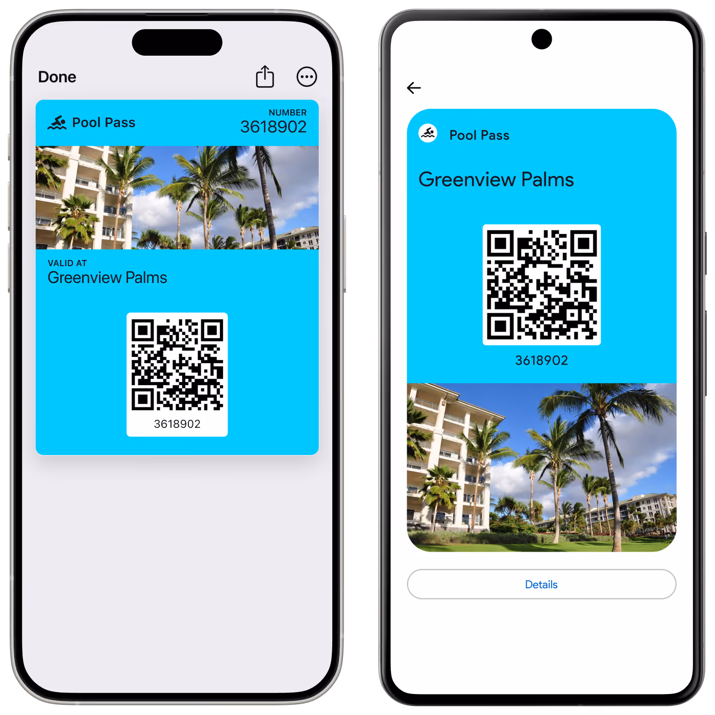 Two smartphones displaying digital pool passes for Greenview Palms, each with a blue background, a QR code, pass number 3618902, and an image of a building with palm trees.