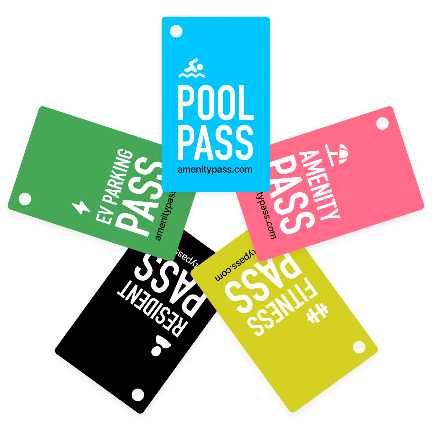 Boss Tags NFC key tags: Pool Pass, Amenity Pass, Fitness Pass, Resident Pass, and EV Parking Pass