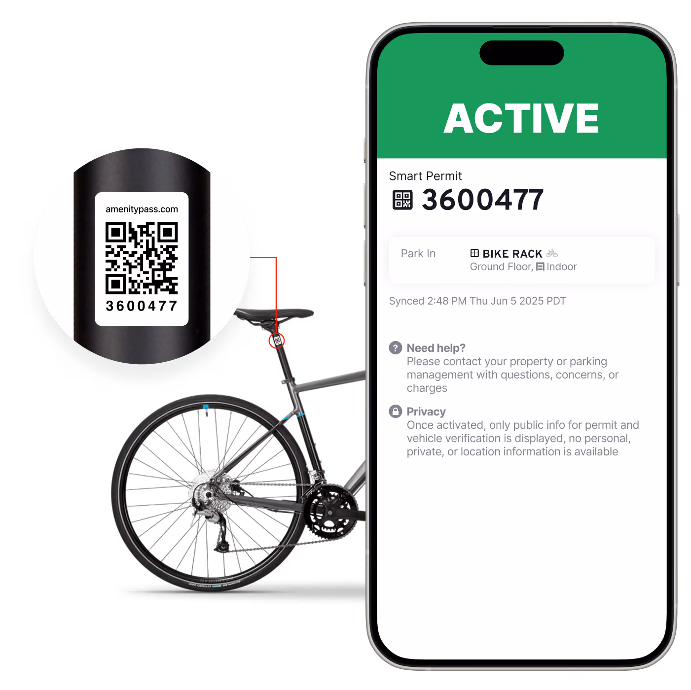 A gray bike with a small QR code sticker on its seat post, magnified to show the QR code and the number 3600477 with the text amenitypass.com above the code. Next to the bike is a smartphone screen showing a green header labeled ACTIVE and a smart permit with the same QR code and number 3600477. The permit indicates parking in an indoor bike rack on the ground floor, synced at 2:48 PM on June 5, 2025 PDT, along with messages about help and privacy.