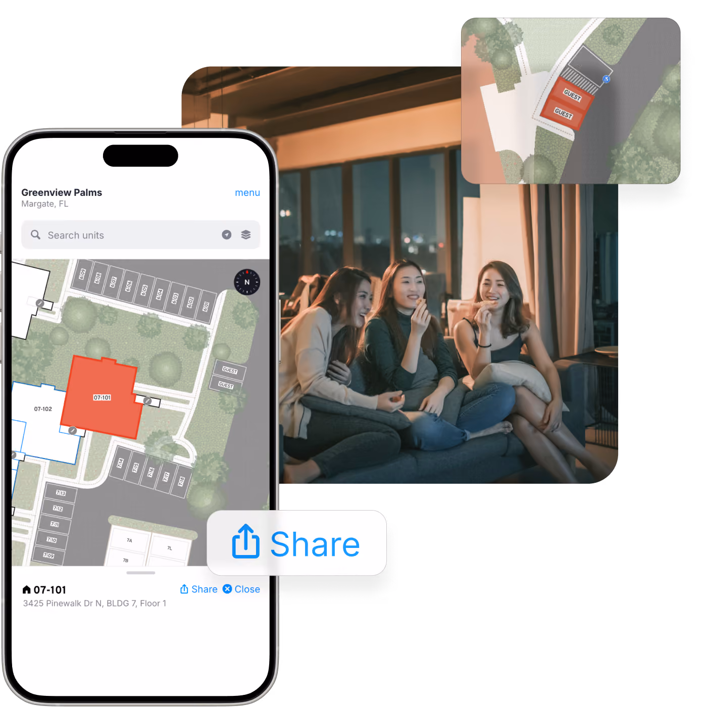 Resident sharing a unit location from the Welcome Boss map with visiting friends
