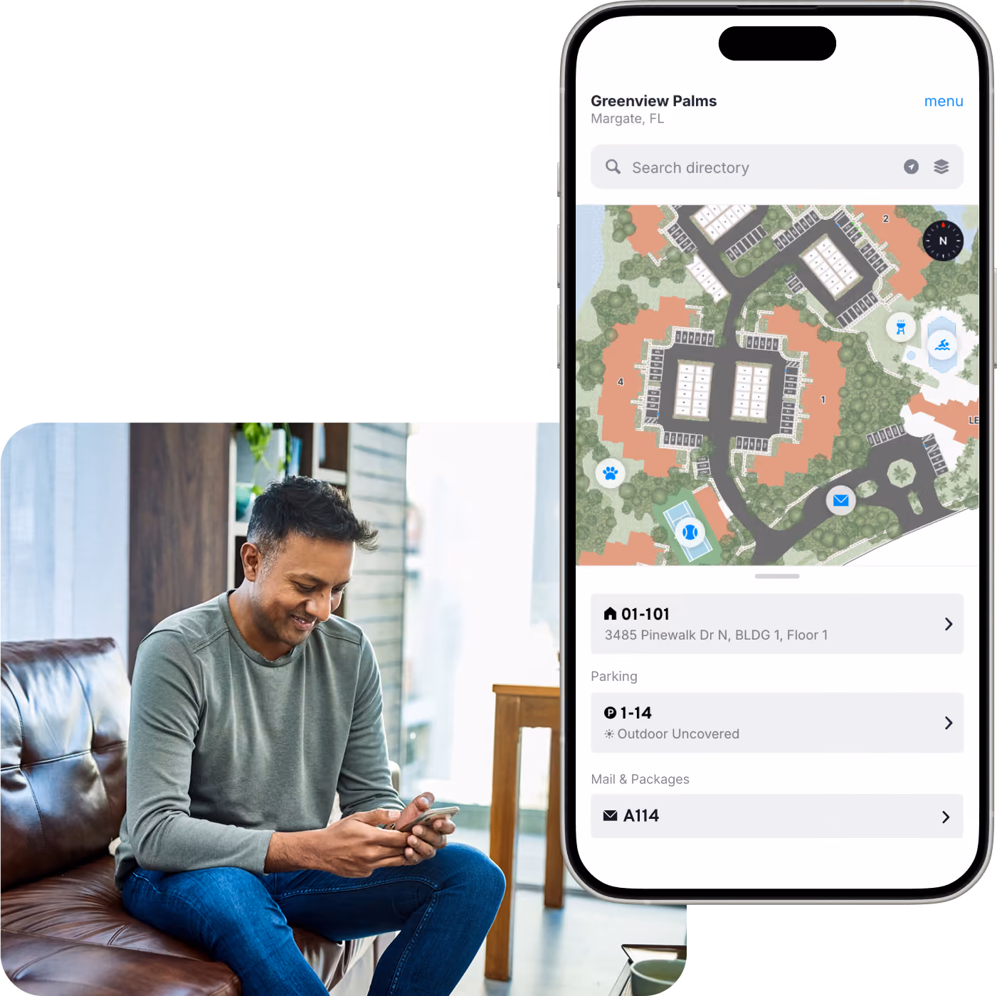 Resident checking his assigned parking, mailbox, and unit details on the Welcome Boss map