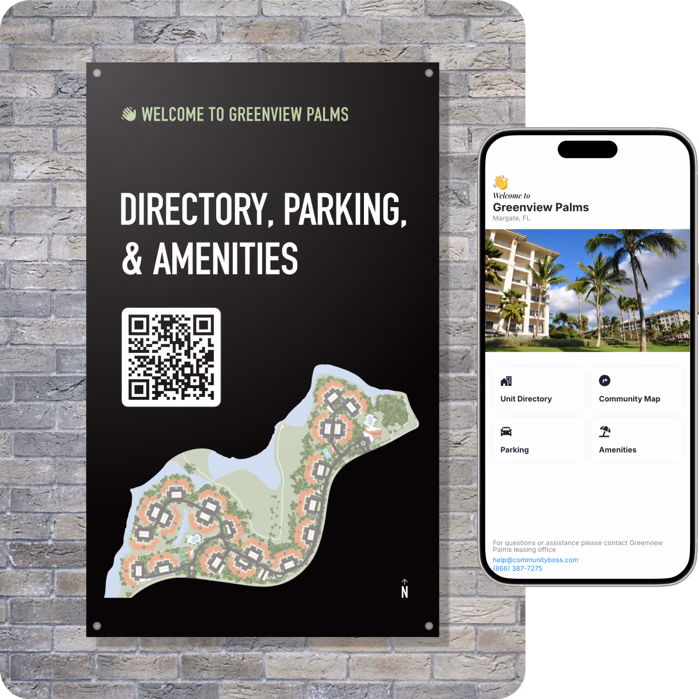 Directory, Parking & Amenities entrance sign with community map and QR code, beside the Welcome Hub on a phone