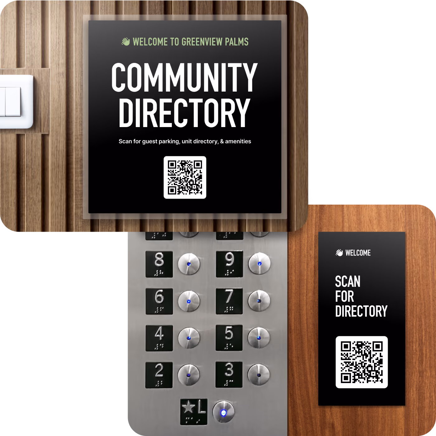 Community directory signs with QR codes mounted in an elevator lobby