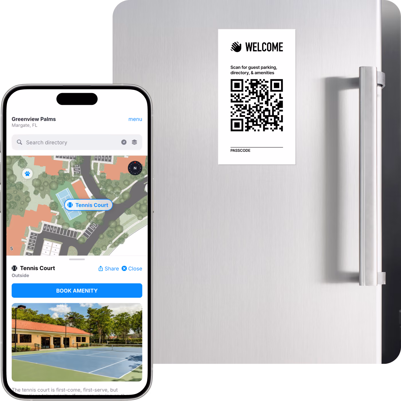 Refrigerator magnet with a QR code that opens the Welcome Boss community map and amenity booking