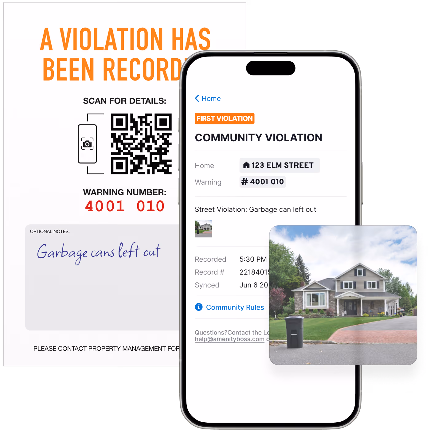 Welcome Boss community violation notice with QR code and the matching violation record on a phone
