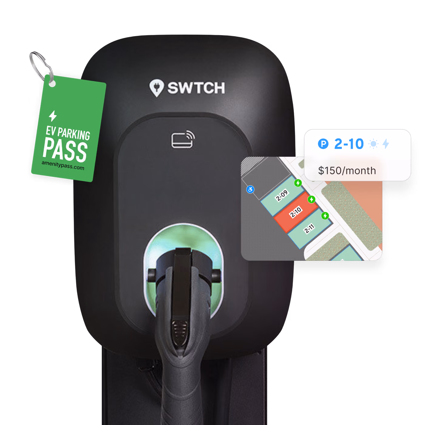 Black SWTCH electric vehicle charger with a charging cable plugged in, a green EV parking pass tag hanging on the left, and a map inset showing parking spot 2-10 priced at $150/month.