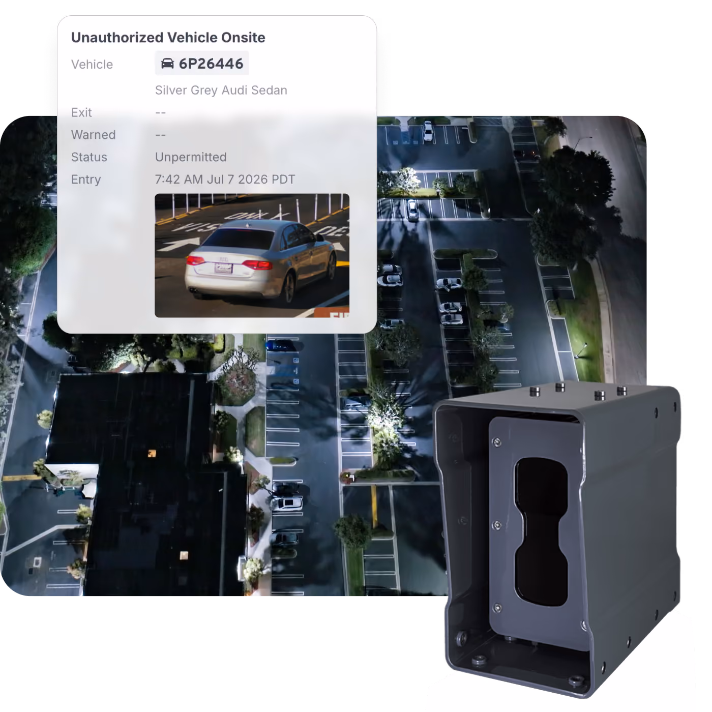 Aerial night view of a parking lot with parked cars and trees, alongside a surveillance camera device and an overlay showing an Unauthorized Vehicle Onsite alert for a silver grey Audi sedan with license plate 6P26446, marked as unpermitted with entry time at 7:42 AM July 7, 2026 PDT.