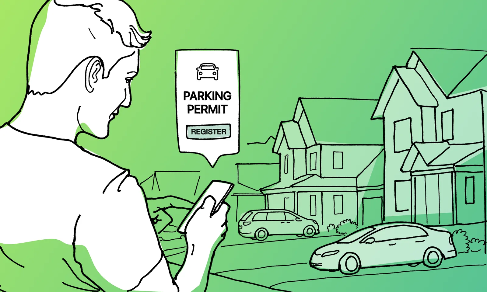 Illustration of a resident registering a parking permit on his phone outside his home