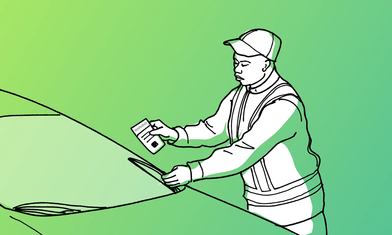Illustration of a patrol officer placing a warning notice on a car
