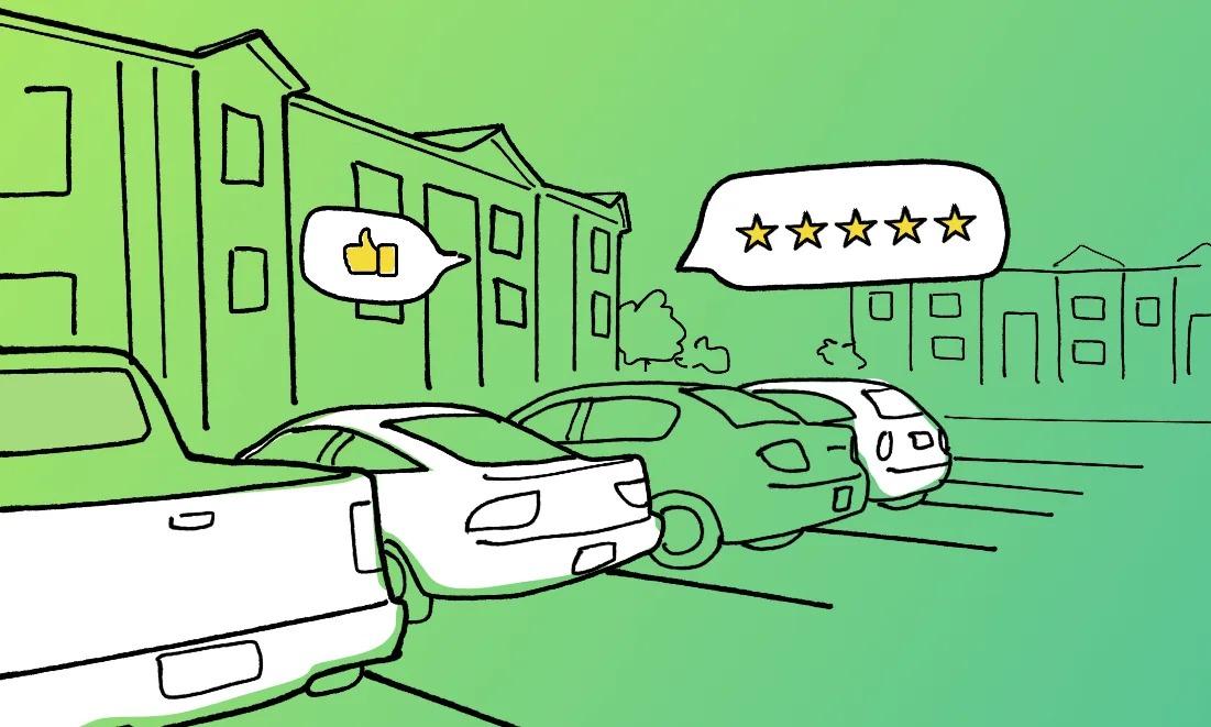 Illustration of a parking lot with a thumbs-up and five-star review