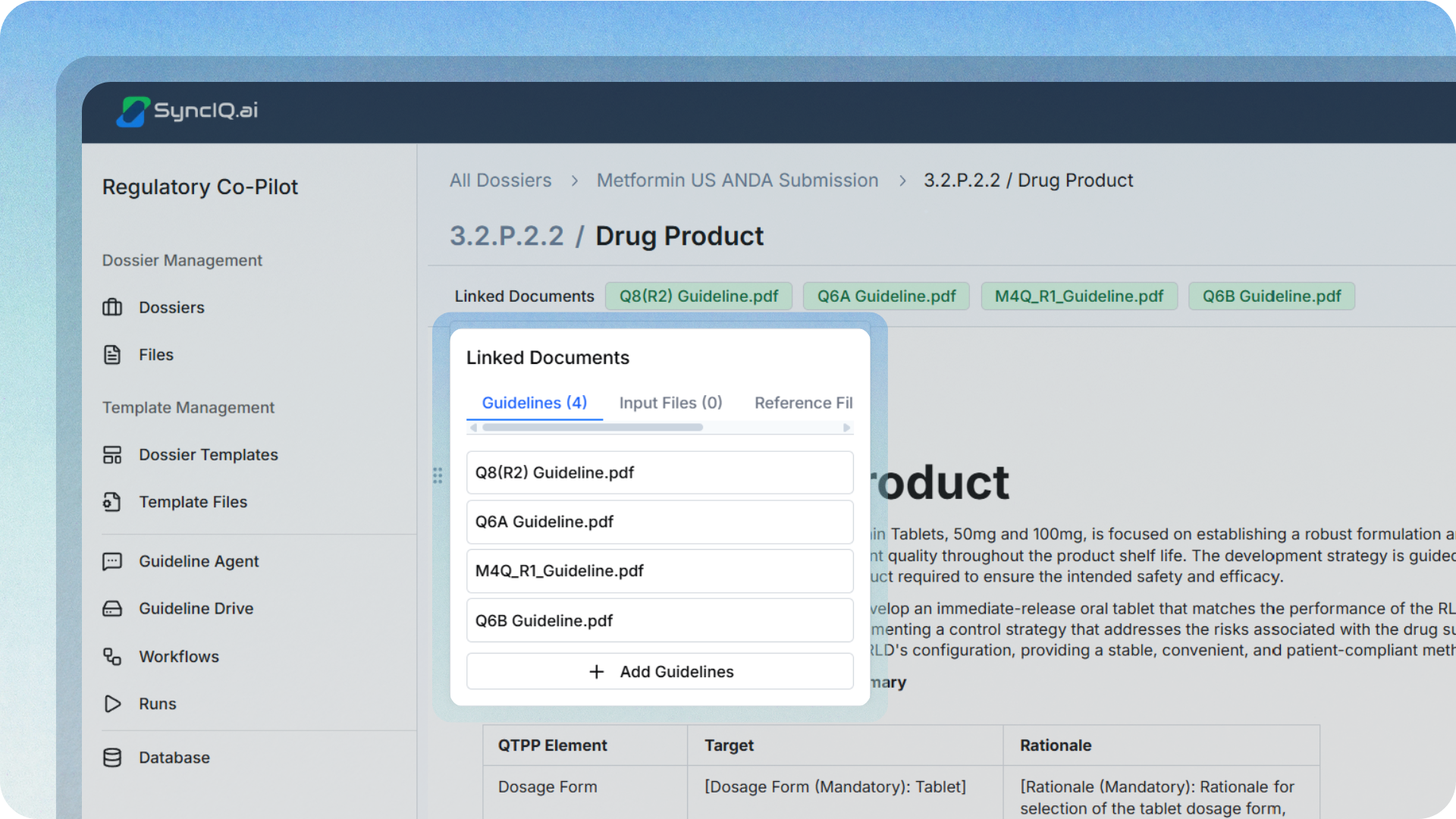 SyncIQ Regulatory Co-Pilot interface displaying a 'Linked Documents' popup, showing source files like 'Q8(R2) Guideline.pdf' attached to the 3.2.P.2.2 Drug Product section of an eCTD Dossier.