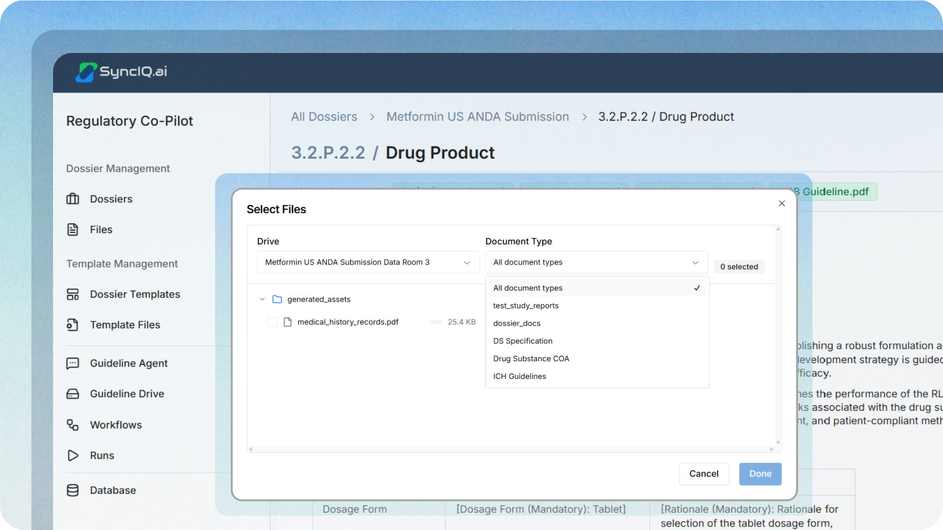 SyncIQ file selection window titled 'Select Files,' allowing users to choose specific source documents from a dedicated Data Room built into the workflow.