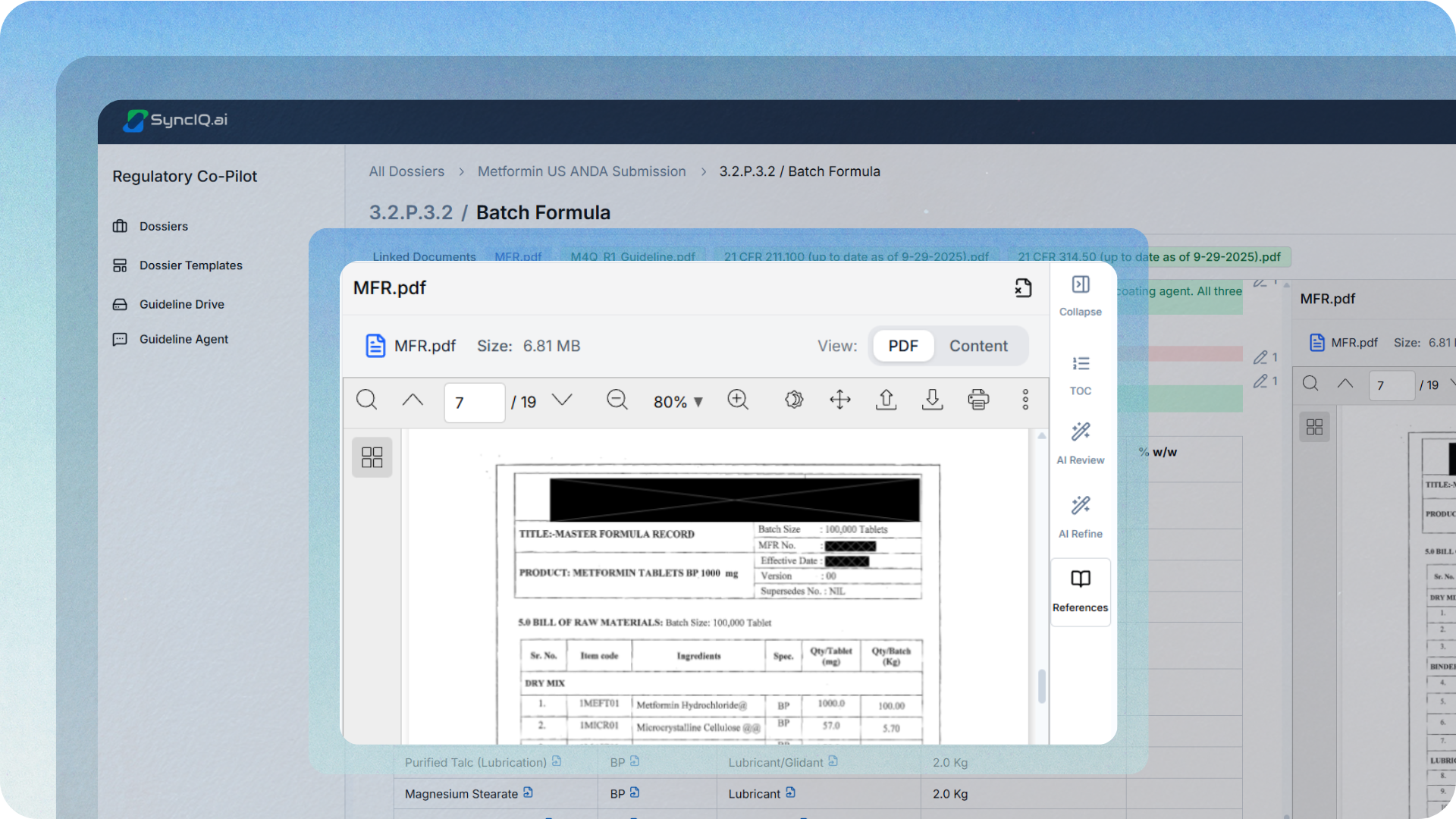 SyncIQ document viewer displaying a Master Formula Record pdf (MFR.pdf) with specific data points highlighted, demonstrating how the platform links dossier content directly to source text for traceability.