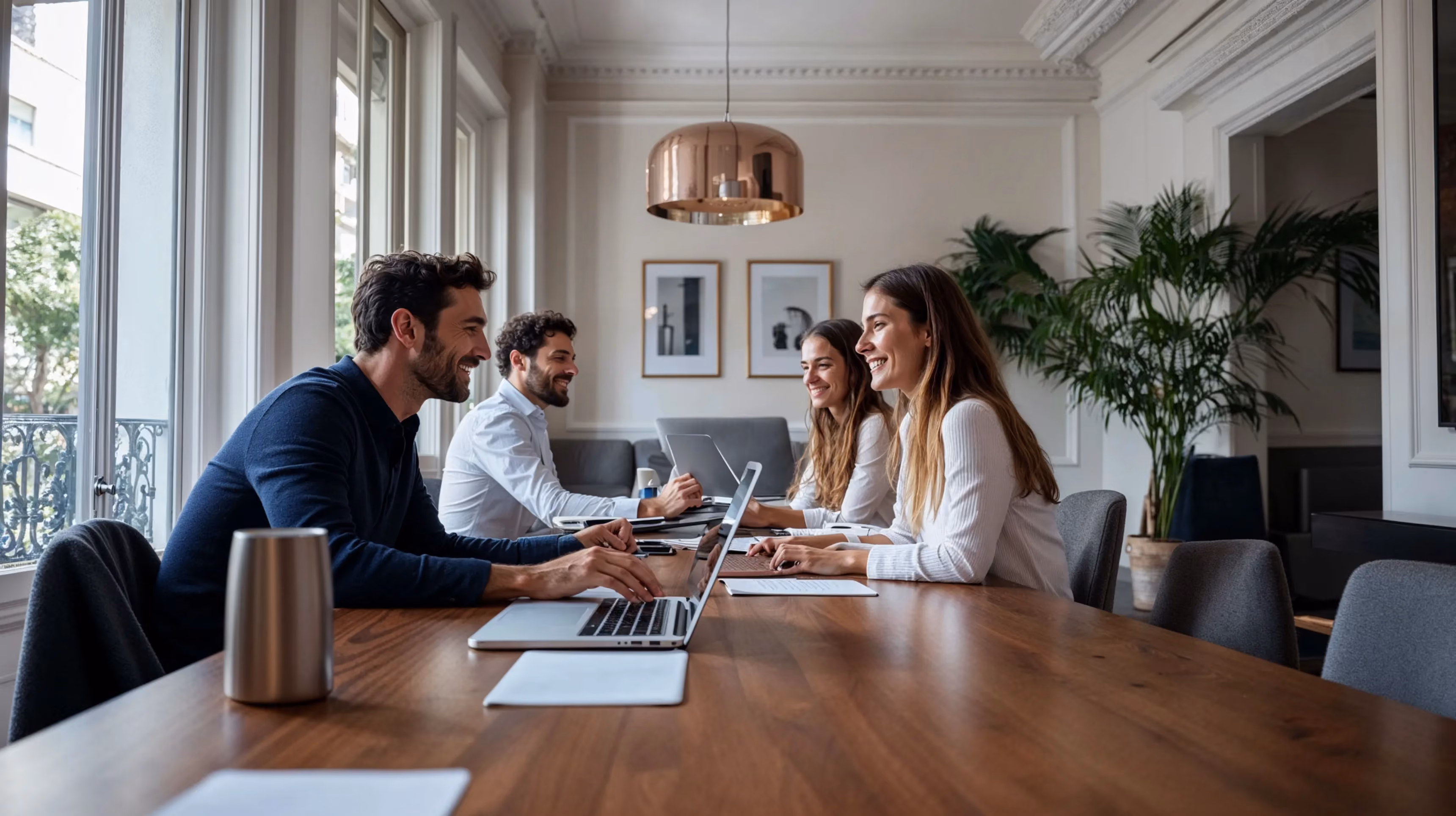Une équipe autour d'une table qui travaille sur ordinateur portable