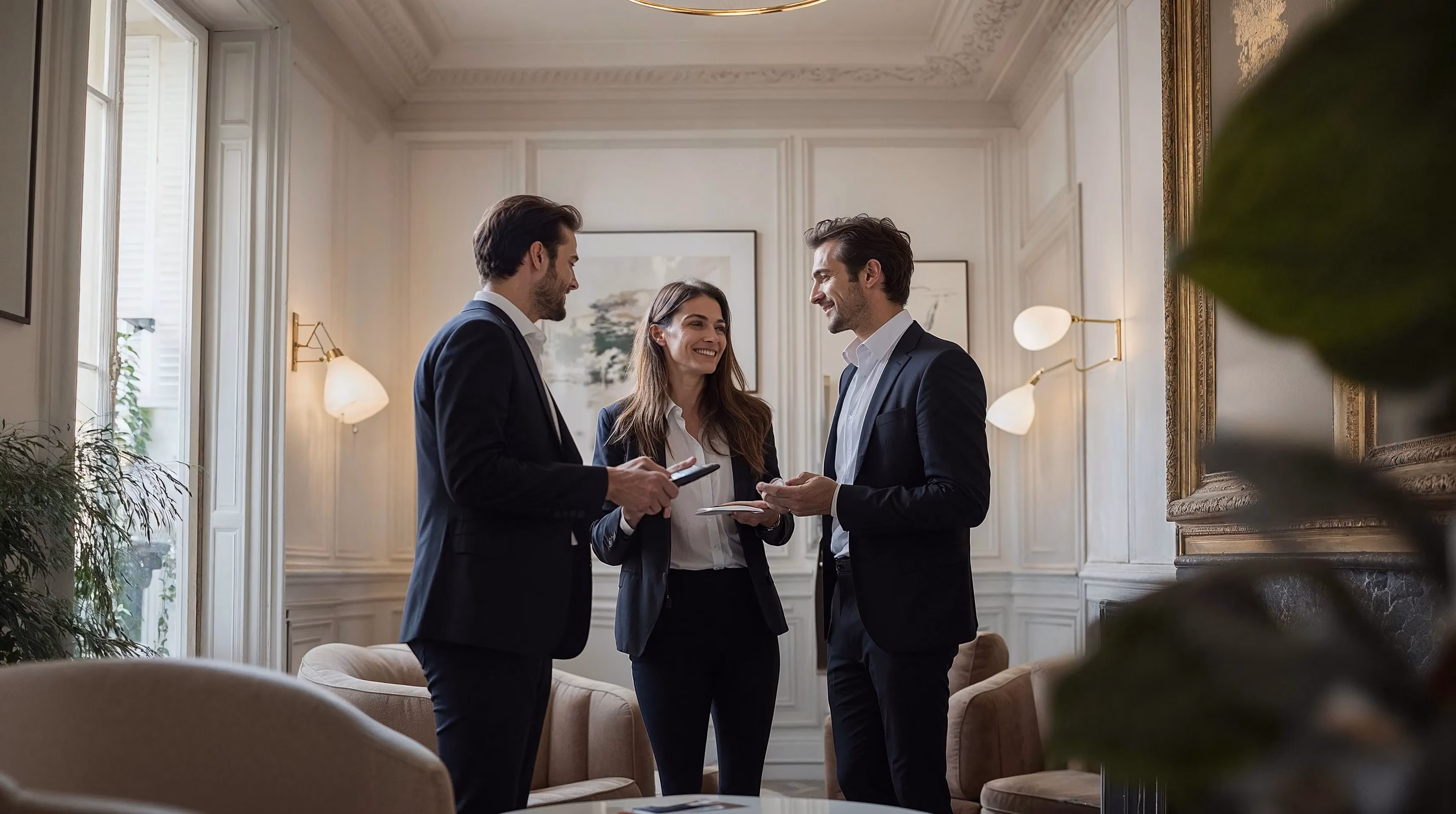 Trois associés leBoard échangent debout