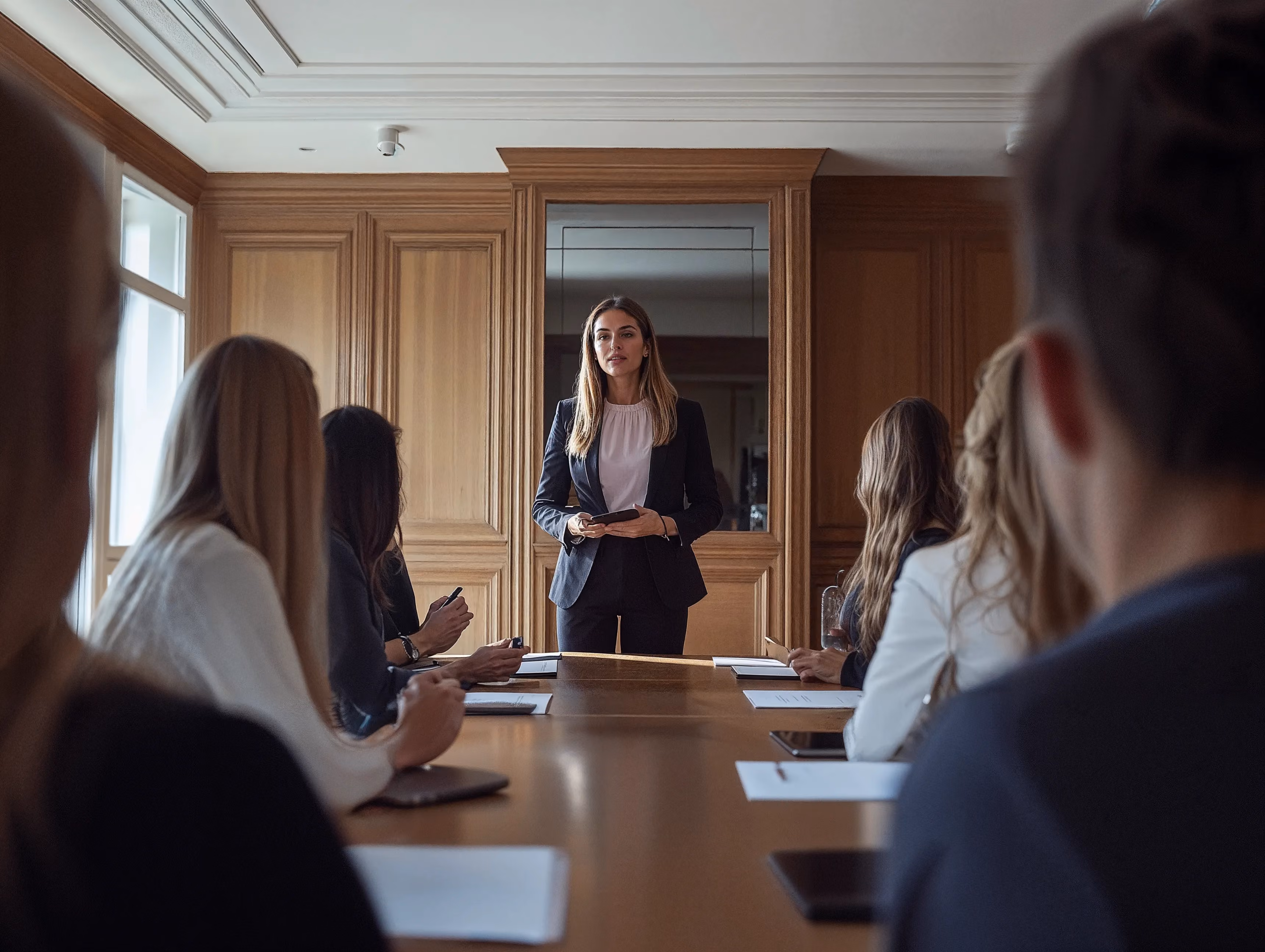 Une femme debout qui fait une présentation devant un groupe de personnes