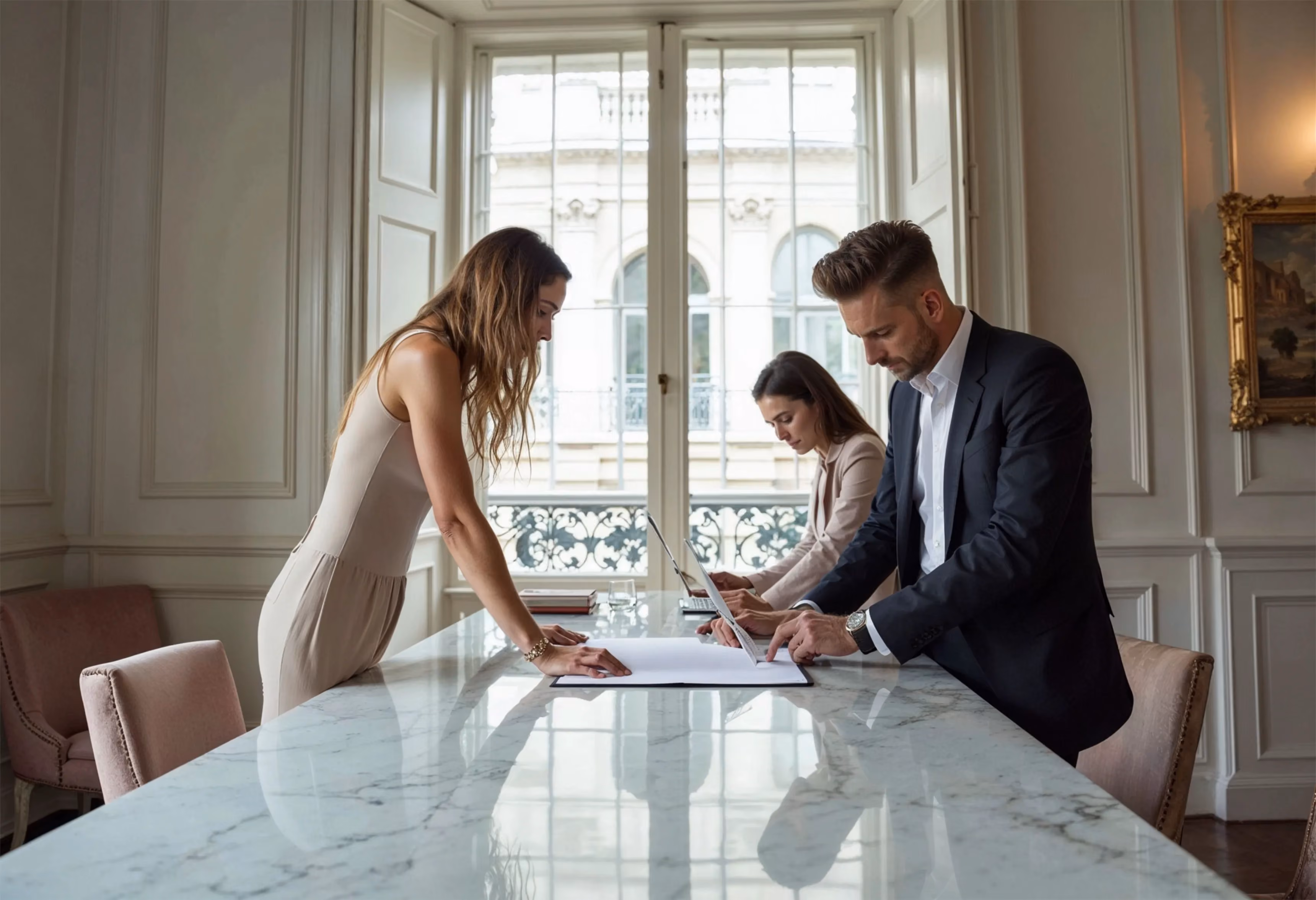 Un homme et une femme qui signe un document sur une table