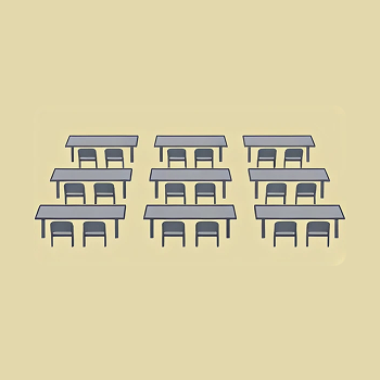 Illustration of three rows of classroom desks, each row having three desks with two chairs.