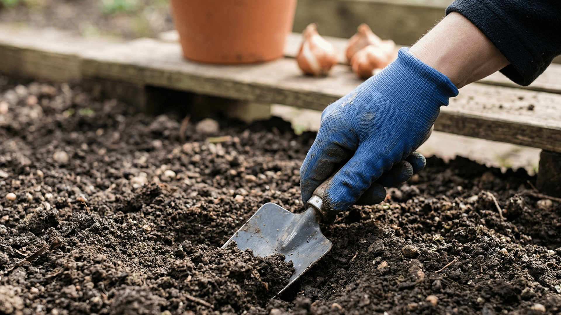 Mano che scava un buco nella terra per la piantagione di tulipani
