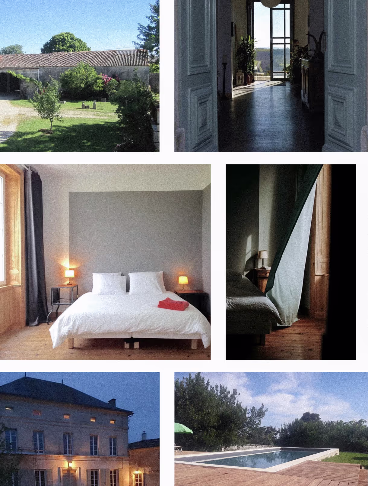 mosaïsue de photos représentant le gite, les chambres, le jardin, la piscine.
