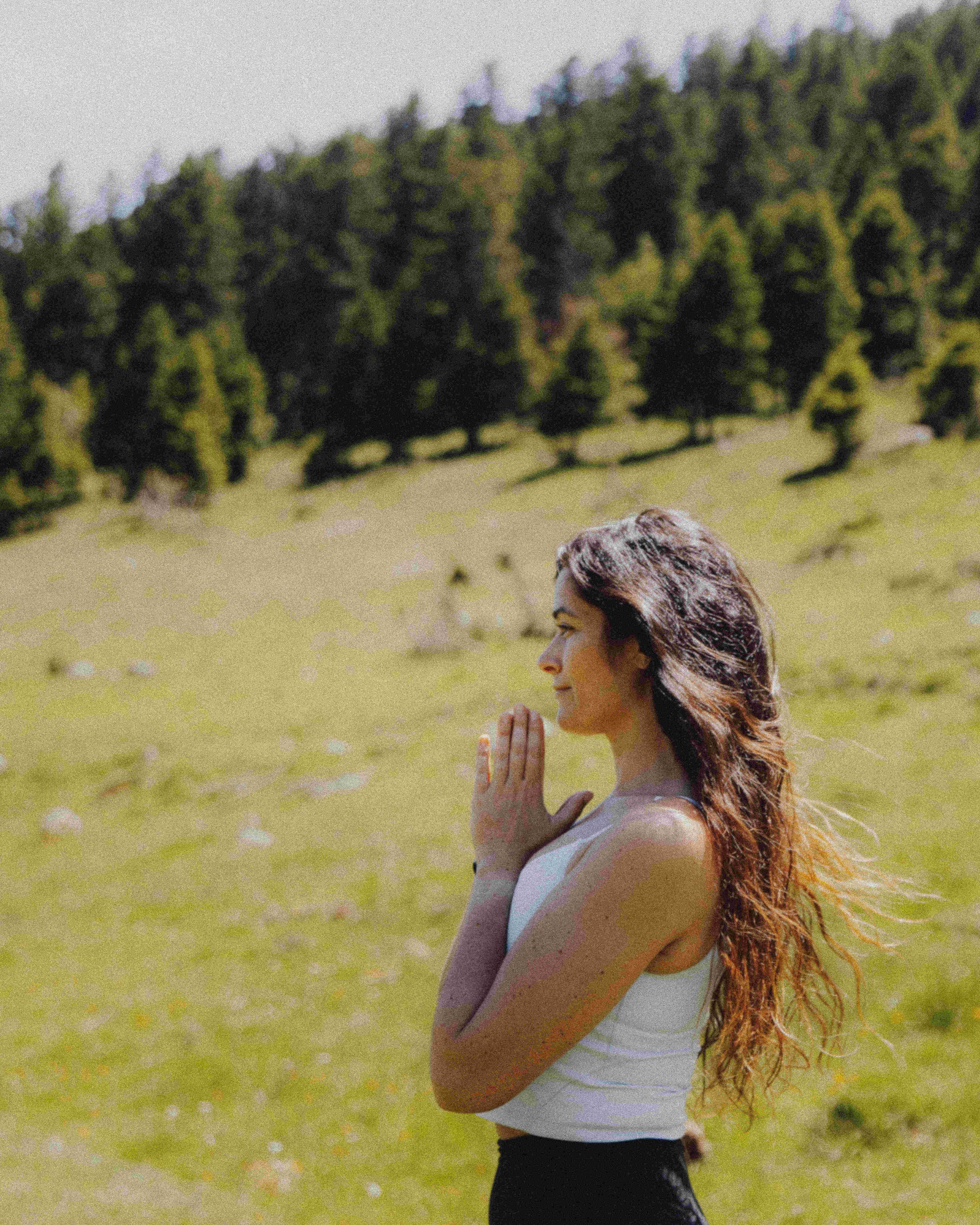 Femme les mains en prière devant une forêt