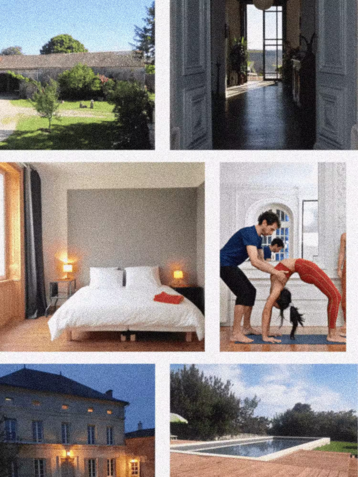 Mosaique de photos représentant un gite, les chambres, la jardin, la piscine et un cours de yoga