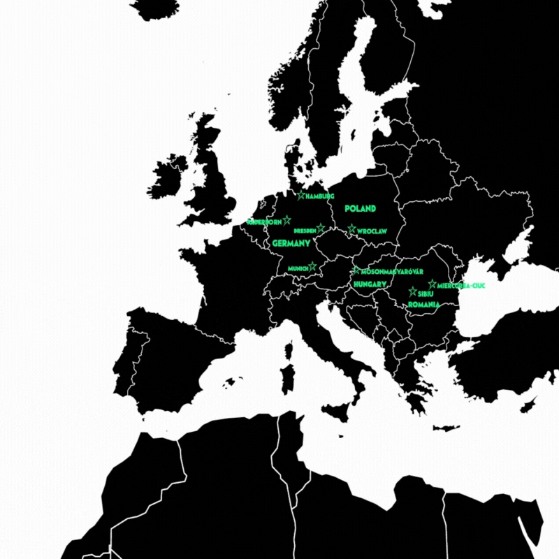 Schwarz-weiße Europakarte mit markierten Städten in Deutschland, Polen, Ungarn und Rumänien in grüner Schrift. Hero Group