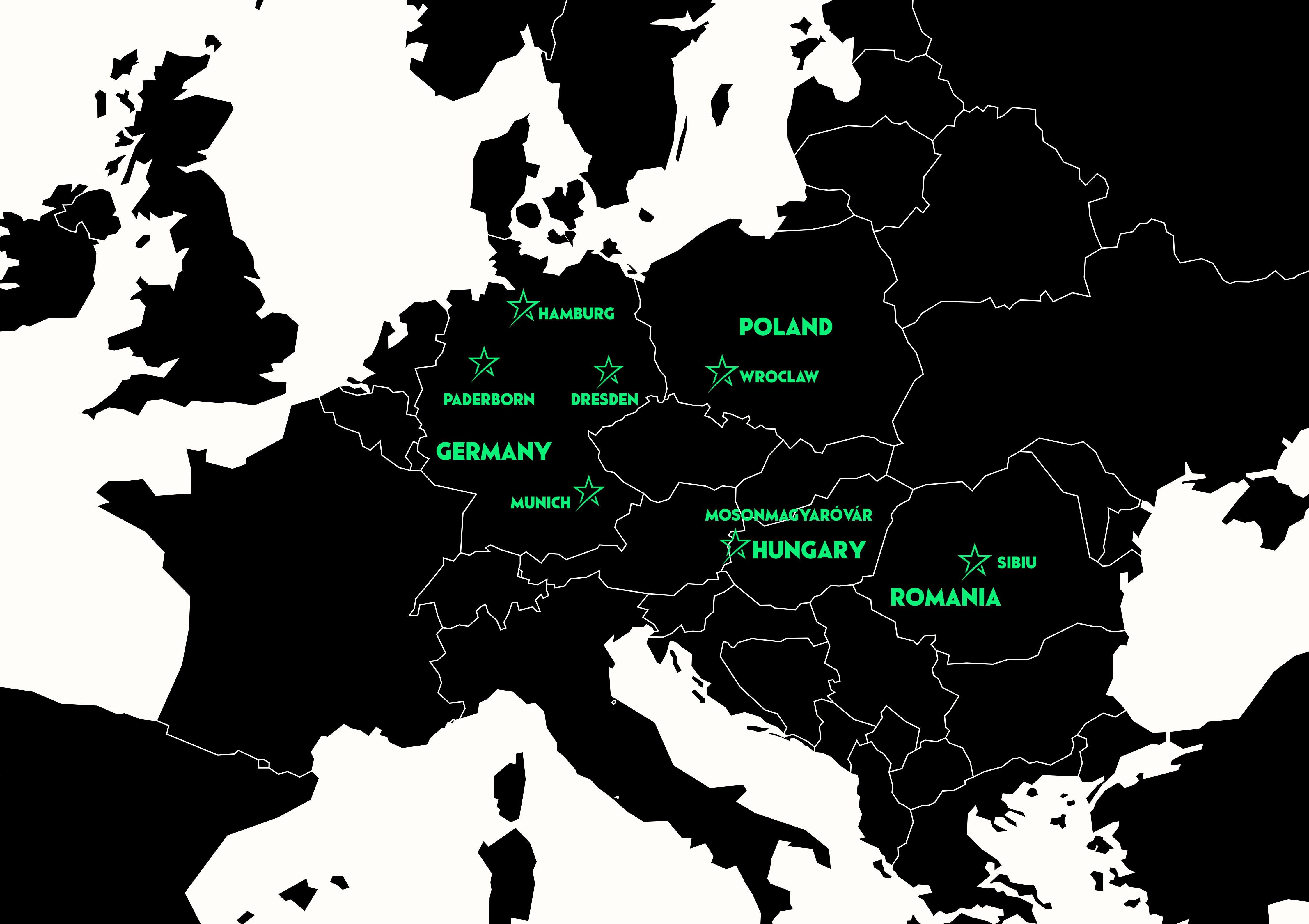 Karte von Mitteleuropa mit hervorgehobenen Städten in Deutschland (Hamburg, Paderborn, Dresden, München), Polen (Wroclaw), Ungarn (Mosonmagyaróvár) und Rumänien (Sibiu).