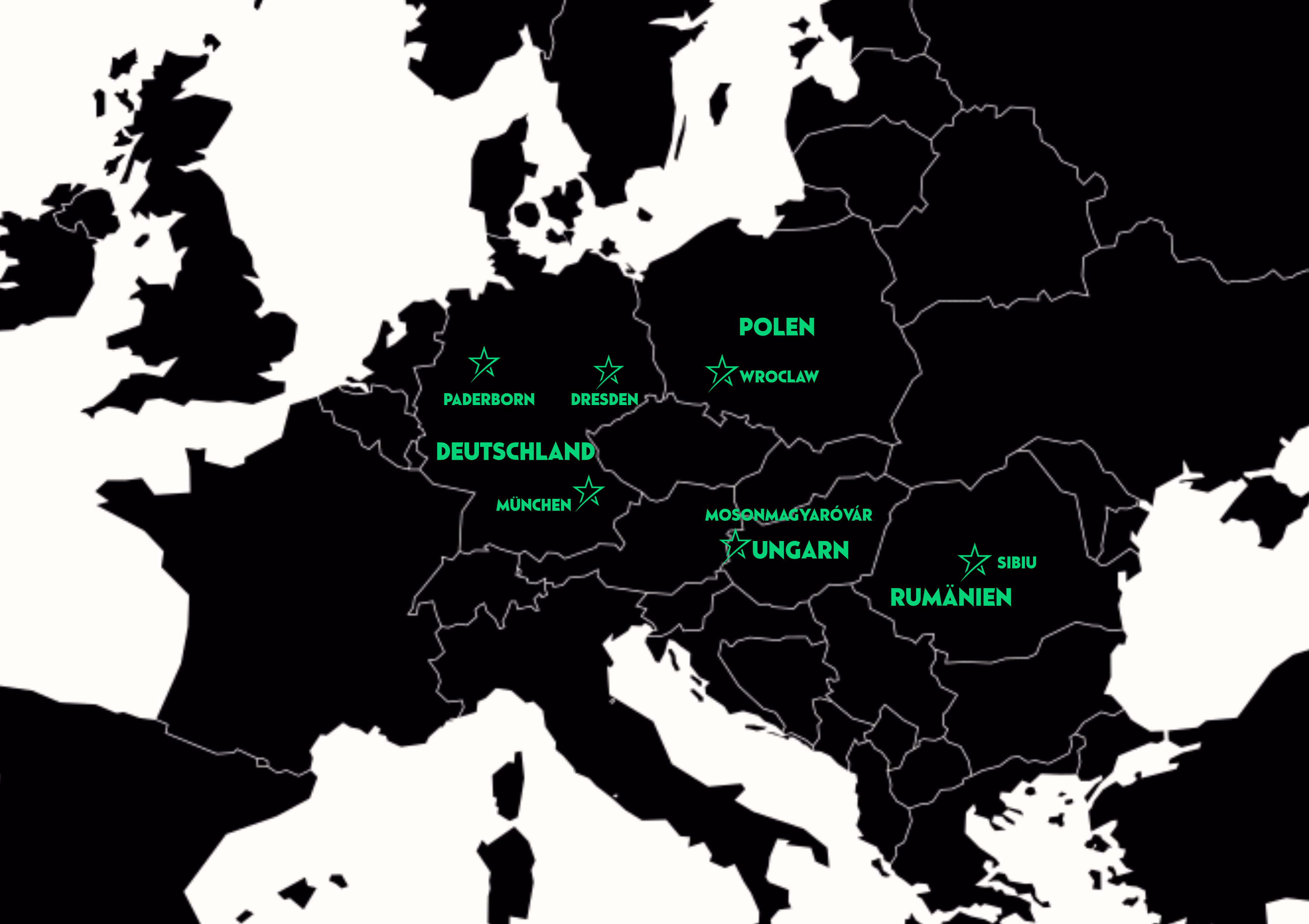 Karte von Mitteleuropa mit Städten, markiert durch grüne Sternsymbole und Städtenamen: Deutschland mit Paderborn, Dresden, München; Polen mit Wroclaw; Ungarn mit Mosonmagyaróvár; Rumänien mit Sibiu.