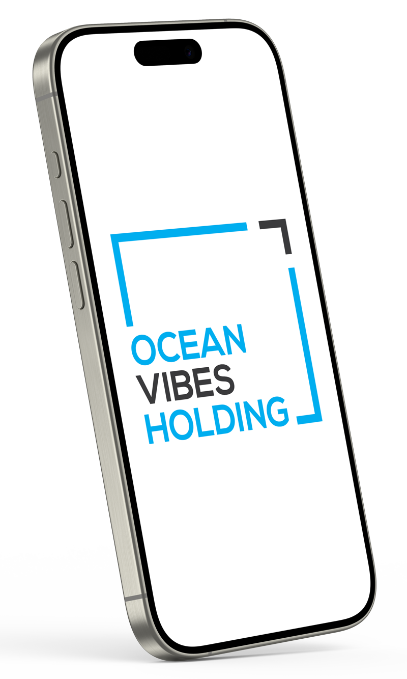 Mockup of iPhone that shows the Ocean Vibes Holding Logo