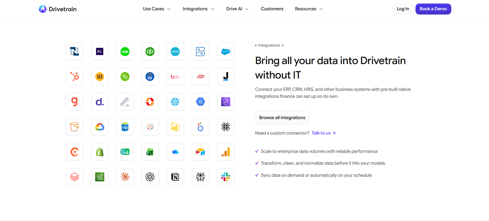 Drivetrain website section displaying multiple logos of software integrations arranged in a grid on the left, and text on the right saying: 'Bring all your data into Drivetrain without IT. Connect your ERP, CRM, HRIS, and other business systems with pre-built native integrations finance can set up on its own.' There is a button labeled 'Browse all integrations' and a link 'Talk to us' below it. Features listed include scaling to enterprise data volumes, transforming and cleaning data, and syncing data on demand or automatically.