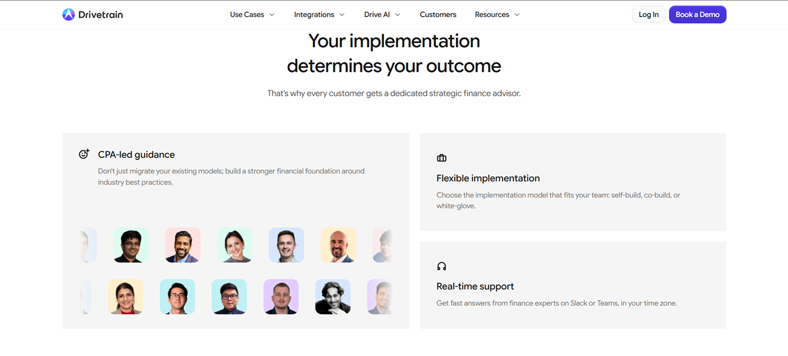 Drivetrain website section titled 'Your implementation determines your outcome' with descriptions of CPA-led guidance featuring images of finance advisors, flexible implementation options including self-build and co-build, and real-time support available via Slack or Teams.