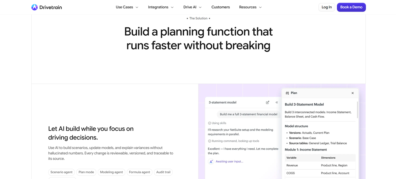 Website section from Drivetrain showing a feature titled 'Build a planning function that runs faster without breaking,' highlighting AI-driven financial modeling with scenario agents and audit trails, and interface panels for building a 3-statement financial model including income statement variables.