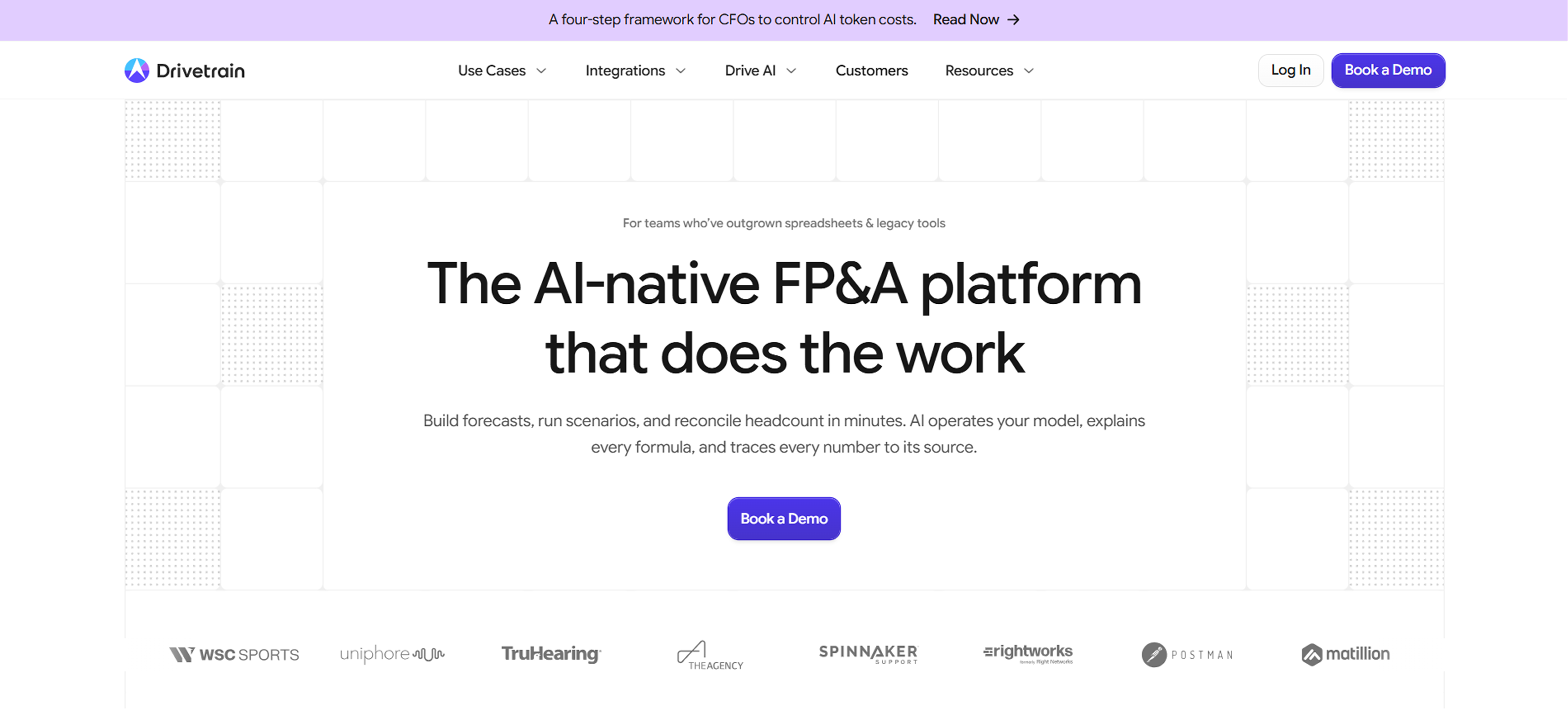 Drivetrain homepage banner highlighting an AI-native FP&A platform that builds forecasts, runs scenarios, and reconciles headcount with AI explanations, featuring a 'Book a Demo' button and logos of client companies below.