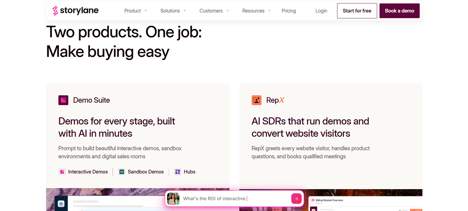 Website section from Storylane with header 'Two products. One job: Make buying easy' showcasing two products: Demo Suite offering AI-built demos, sandbox environments, and digital sales rooms, and RepX, an AI SDR that runs demos, engages website visitors, handles product questions, and books meetings.