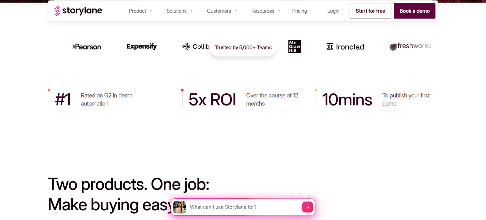 Website header of Storylane with navigation menu items Product, Solutions, Customers, Resources, Pricing, Login, and buttons Start for free and Book a demo. Below are logos of companies Pearson, Expensify, Collibra, McGraw Hill, Ironclad, and Freshworks with a label Trusted by 5,000+ Teams. Key stats show #1 rated on G2 in demo automation, 5x ROI over 12 months, and 10 mins to publish your first demo.