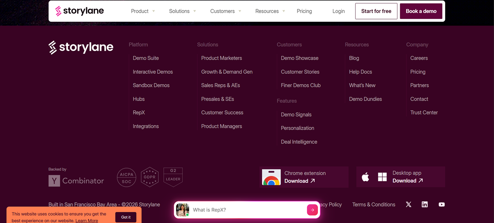 Storylane website footer with navigation links for Platform, Solutions, Customers, Resources, and Company; includes options to download Chrome extension and desktop app; supported by Y Combinator and certification icons; links to Privacy Policy, Terms & Conditions, and social media icons at the bottom.