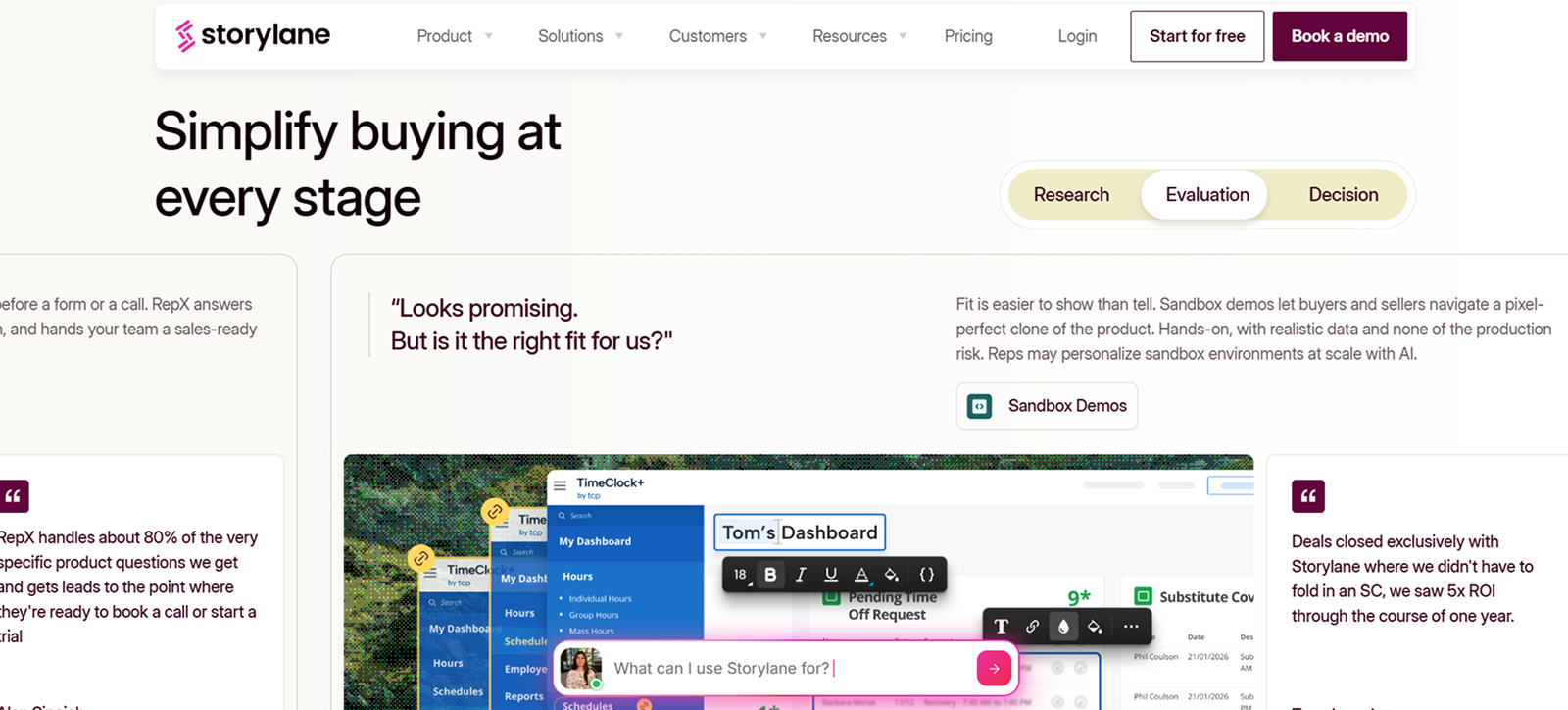 Screenshot of Storylane website section titled 'Simplify buying at every stage' showing navigation menu, stages Research, Evaluation, Decision, and a customer quote with interface of a product dashboard named TimeClock+, including a chat box saying 'What can I use Storylane for?' and editing toolbar.