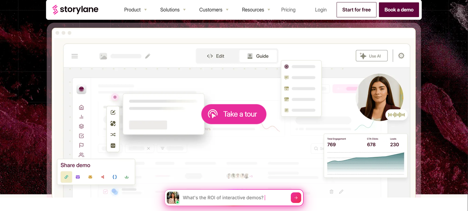 Screenshot of Storylane software interface showing interactive demo tools with a 'Take a tour' button, user profile photo, engagement analytics graph with metrics for total engagement, CTA clicks, and leads, and a chat input box asking 'What's the ROI of interactive demos?'.